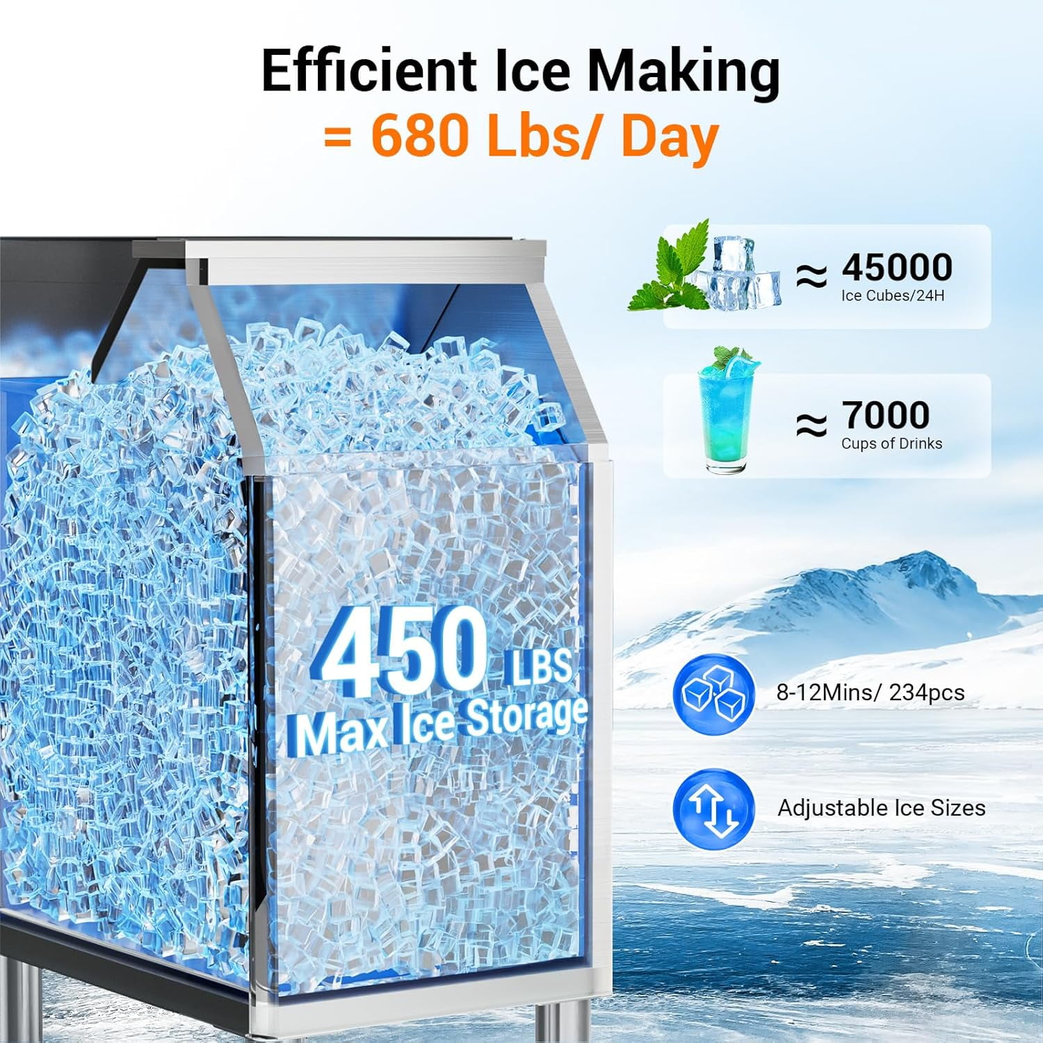 XUTUMM Commercial Ice Machine 700LBS/24H,Storage 500LBS,Large Industrial Ice Maker,Ice Ready in 5-15min,with Self-Cleaning Mode,with Timing Function,30 Levels of Ice Thickness Adjustment