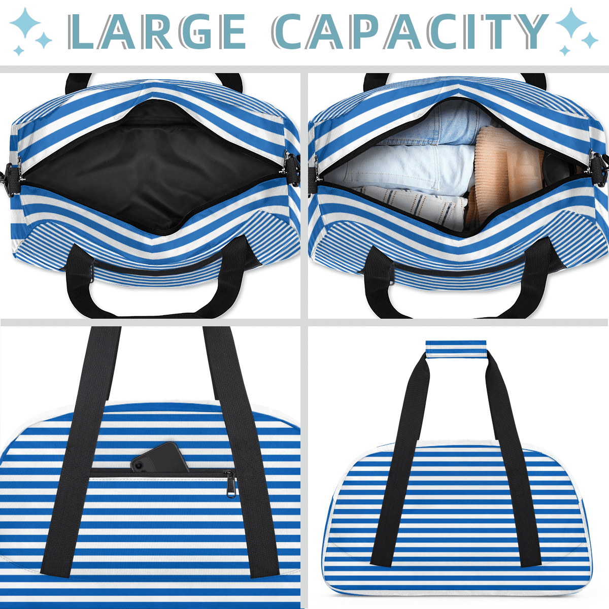 Herdesigns Blue Striped Sports Duffle Bag for Women & Men, Gym Bag Dance Bag Overnight Bag Carry On Weekender Travel Bag