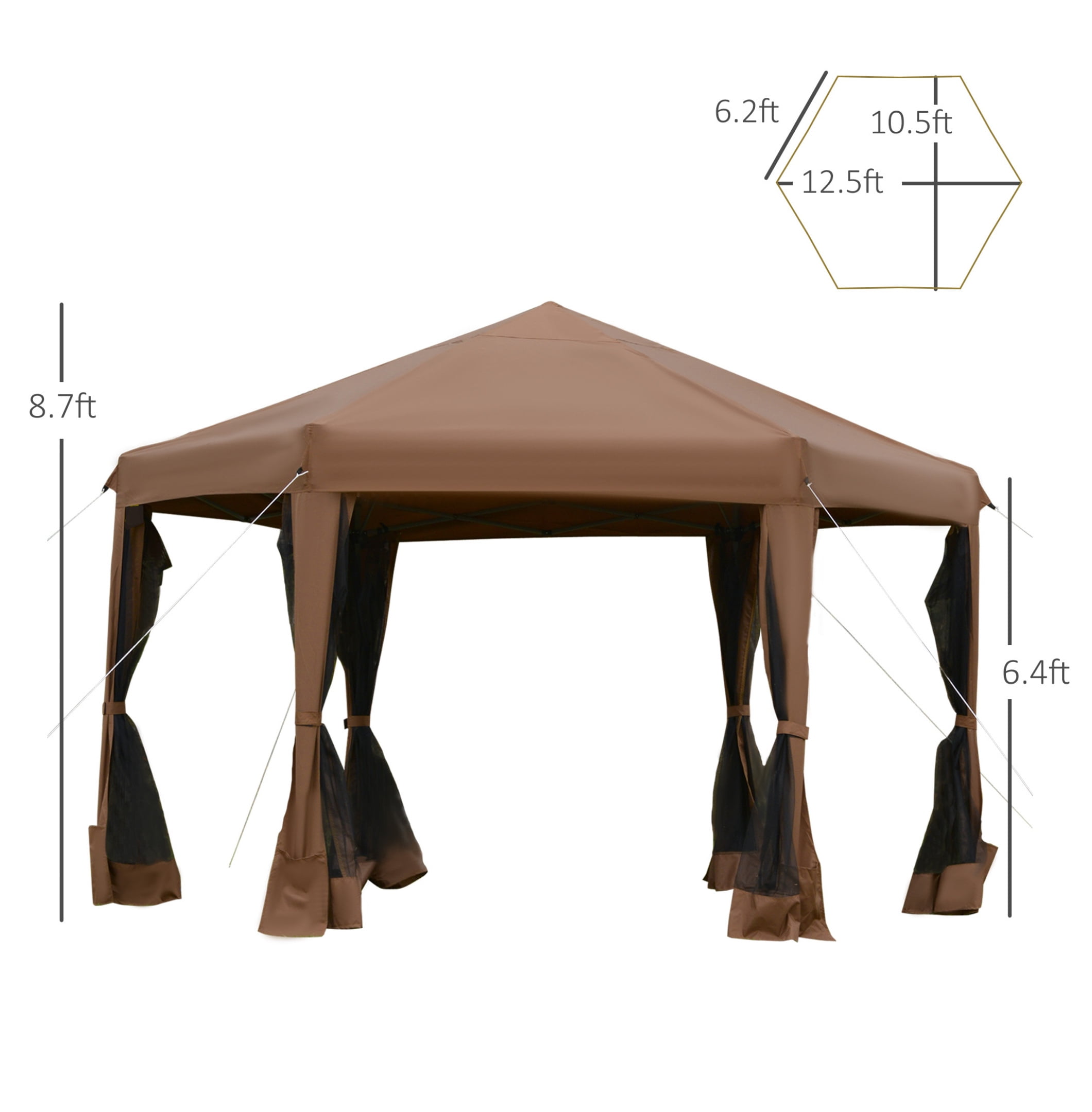 Outsunny 13' x 11' Hexagonal Pop Up Gazebo, Heavy Duty Outdoor Canopy Tent with 6 Mesh Sidewall Netting, 3-Level Adjustable Height and Strong Steel Frame, Brown