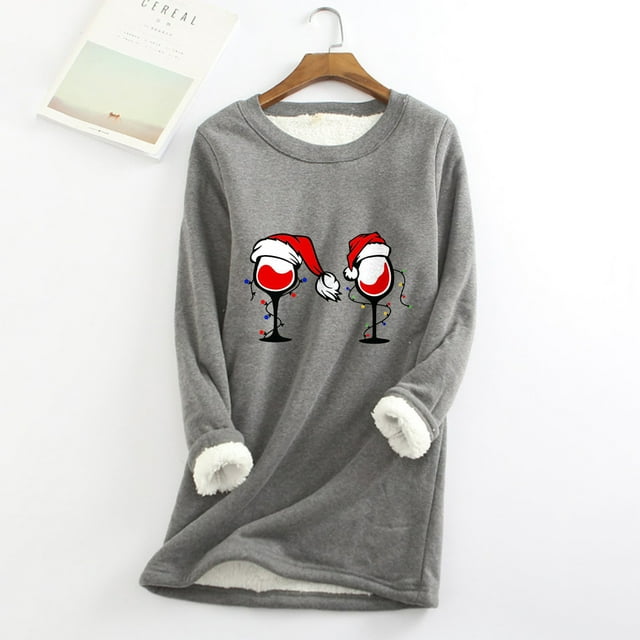 Mode Femmes Chandails à Capuchon & Chandails en Molleton Mode Hiver Décontracté Tempérament Mode Peluche Chaude sous-Couche Imprimé de Noël Pull Manches Longues Col Rond Haut Grande Taille Tenues de Plage en Solde