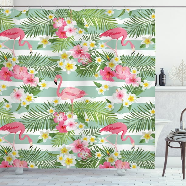 Flamingo Decor Shower Curtain Set, Flamingos With Exotic Hawaiian