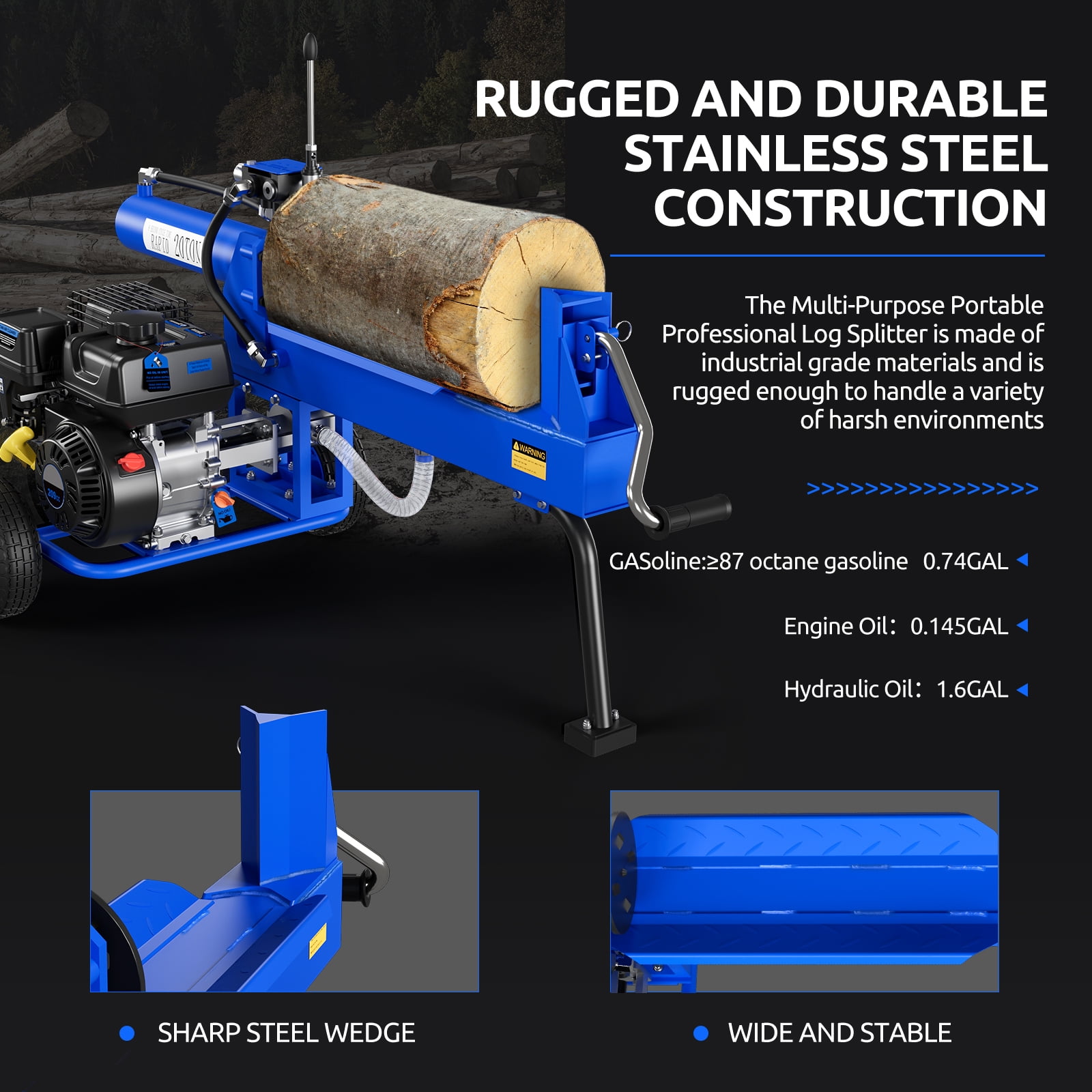 Efurden Gas Log Splitter with 7 HP-4 Stroke Engine, 20 Ton Hydraulic Auto Return Ram System and Twin Gear Hydraulic Pump, 16" Max Wood Diameter