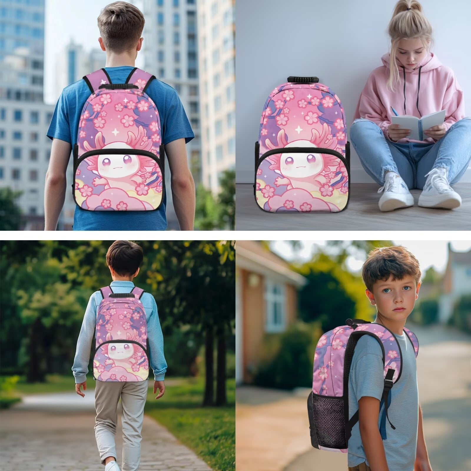 Pzuqiu Cherry Blossom Axolotl School Backpack Set for Girls Kids 17 Inch School Bookbag Casual Daypacks Travel Backpack 4 pcs with Lunch Box & Pencil Case Backpacks