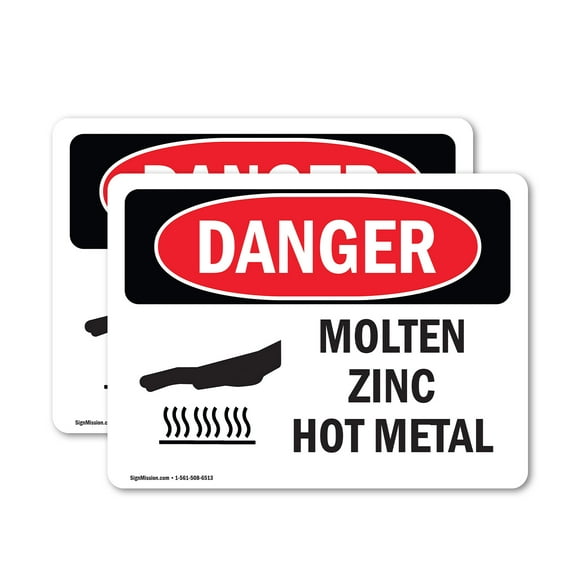 (2 Pack) Molten Zinc Hot Metal OSHA Danger Sign 24 Inch X 18 Inch Vinyl Label Decal Sticker Weather Resistant, UV Protected for Workplace, Business, and Construction Site, Made in the