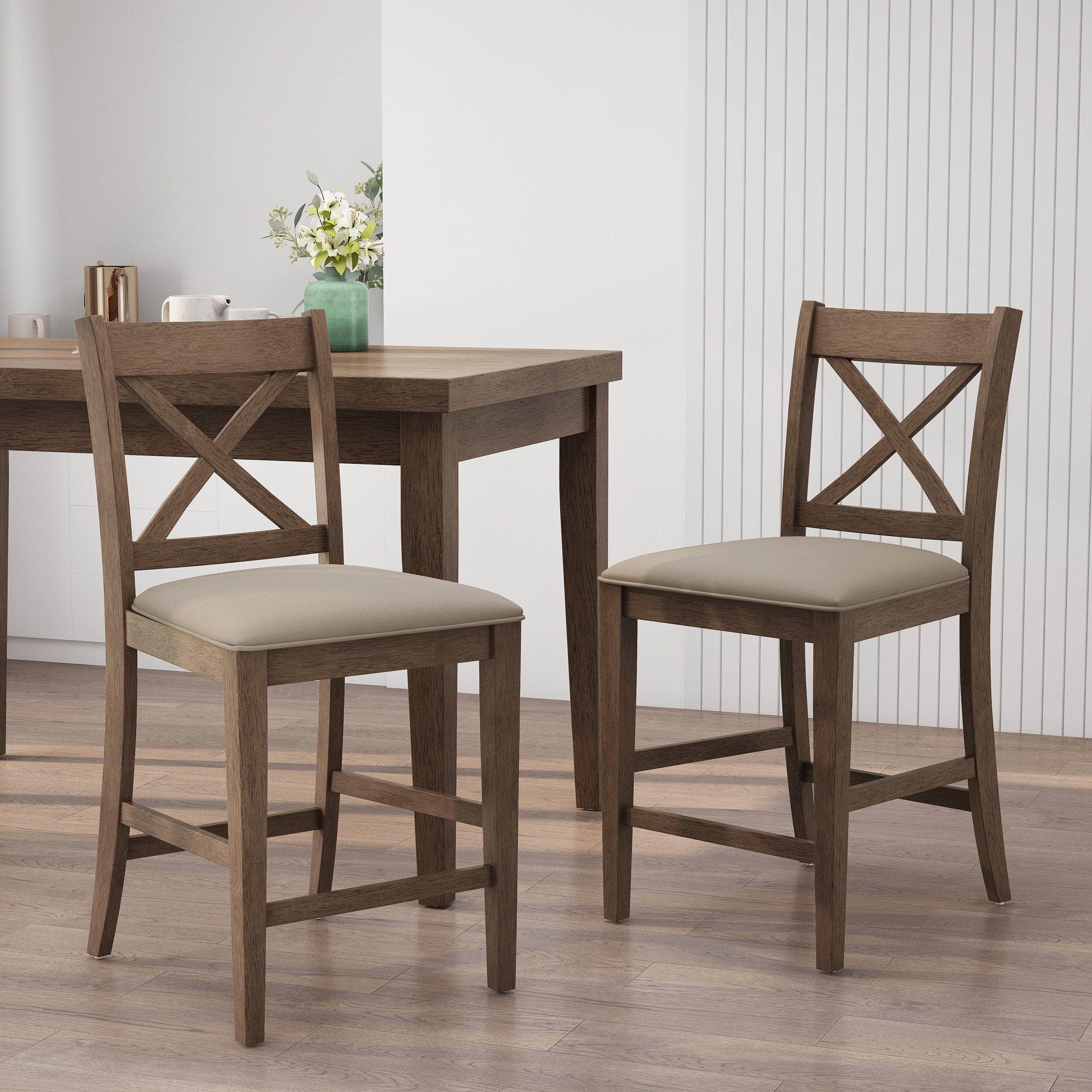 Noble House Wurtz Wood Upholstered Counter Stools, Set of 2, Antique Brown