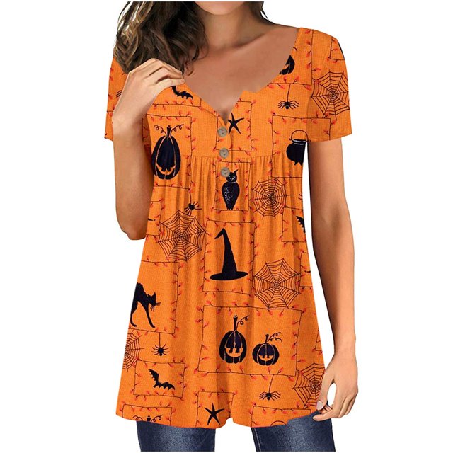 Blusa informal con estampado de botones y cuello en V de manga corta a la moda para mujer Pompotops qwe23227
