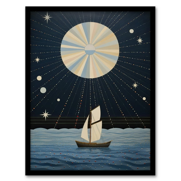 Sailing Into The Moonlight Boat in Full Moon Seascape Blue Tan Oil Painting Artwork Framed Wall Art Print A4