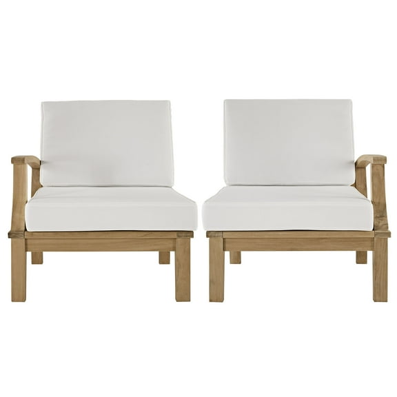 Modern Contemporary Two PCS Outdoor Patio Teak Sofa Set, White, Fabric, Wood