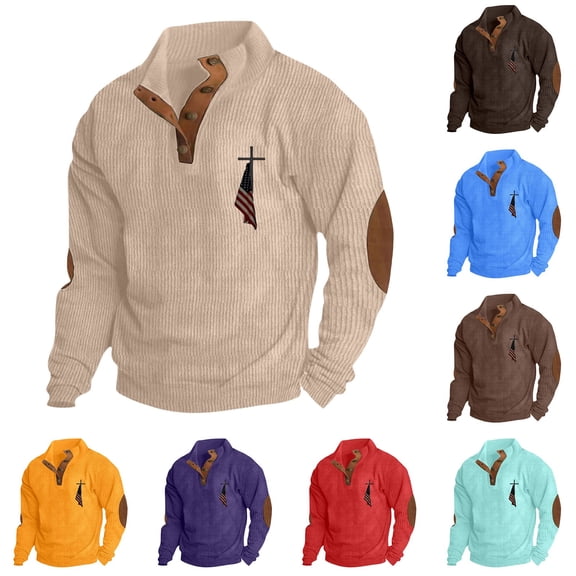 Letdown Corduroy Mens Stand Collar Sweatshirts with 1/4 Button, Color Block Long Sleeve Casual Loose Fit Pullover Comfortable Soft Fabric (Beige, L)