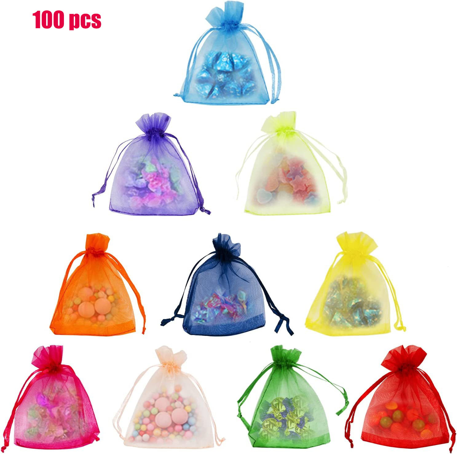 Package Organza Gifts Bags, 5x7 inch 100pcs, Sheer Jewelry Pouches Candy Drawstring Bags Small Sachet, Size: 5 x 7