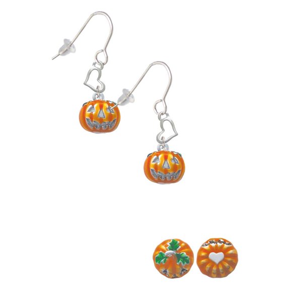 Silvertone Small Orange Jack O'Lantern with Stem Heart French Earrings