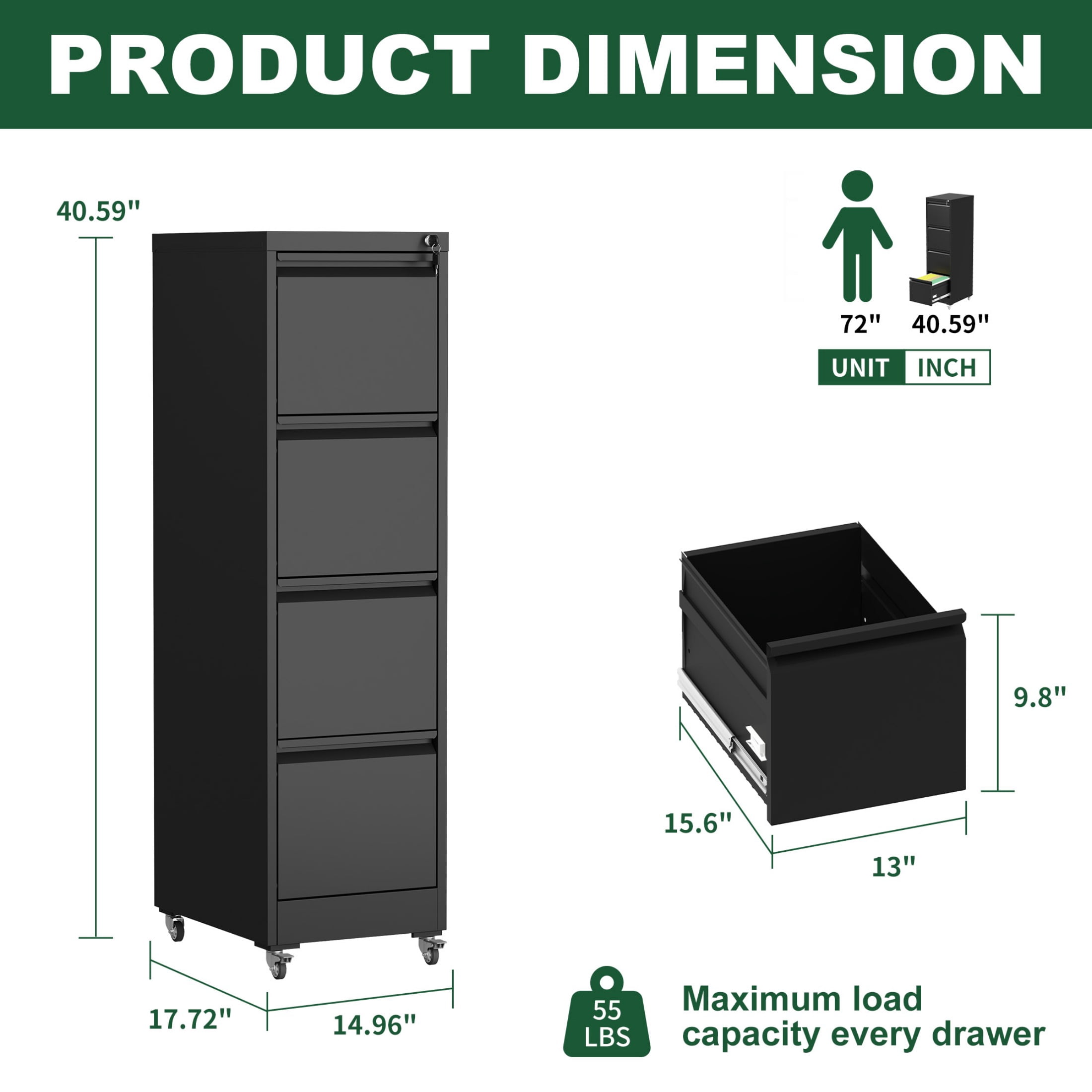 4 Drawer Letter Width Vertical File Cabinet with Lock & Wheels, Heavy Duty Metal Storage Cabinet for Home Office, Black