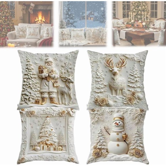 Christmas Themed Cushion Cover, 18 X 18 Inches Set of 4-3D Holiday Cushion Covers, Invisible Zipper Square Pillowcase for Winter Xmas Holiday Home Bedroom Sofa Decors(3set)