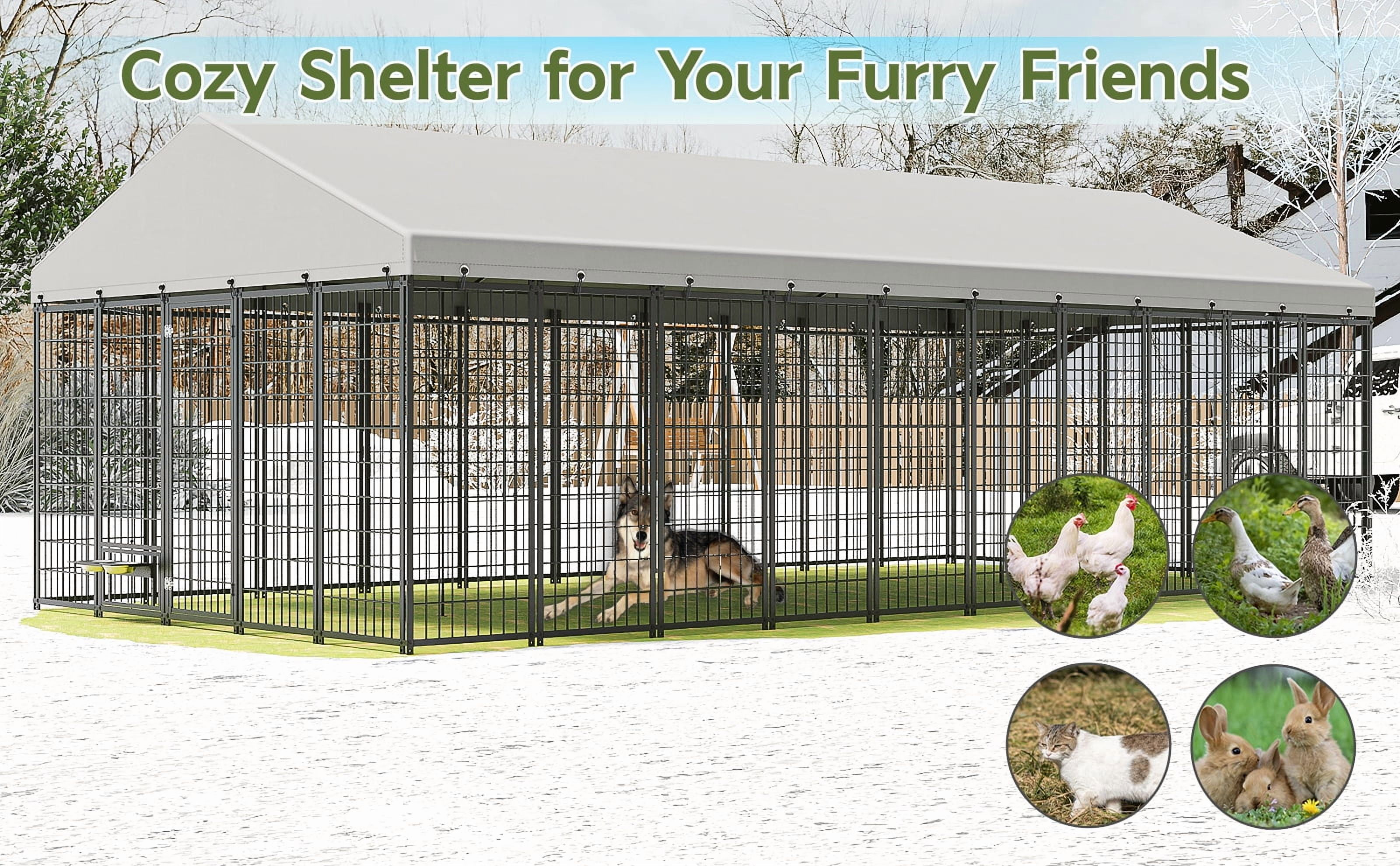 Large Dog Kennel Outdoor Pet Pens Dogs Run Enclosure Animal Hutch Metal Coop Fence with Roof Cover, 18.9'L x 9.61'W x 6.76'H