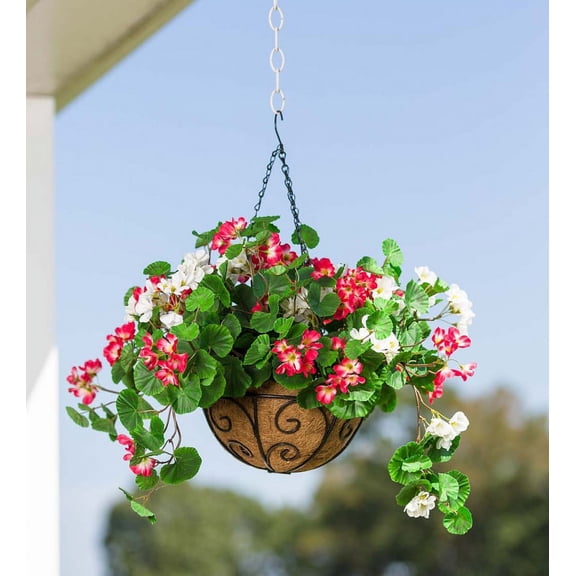 Plow & Hearth Everlasting Faux Red and White Geranium Hanging Basket