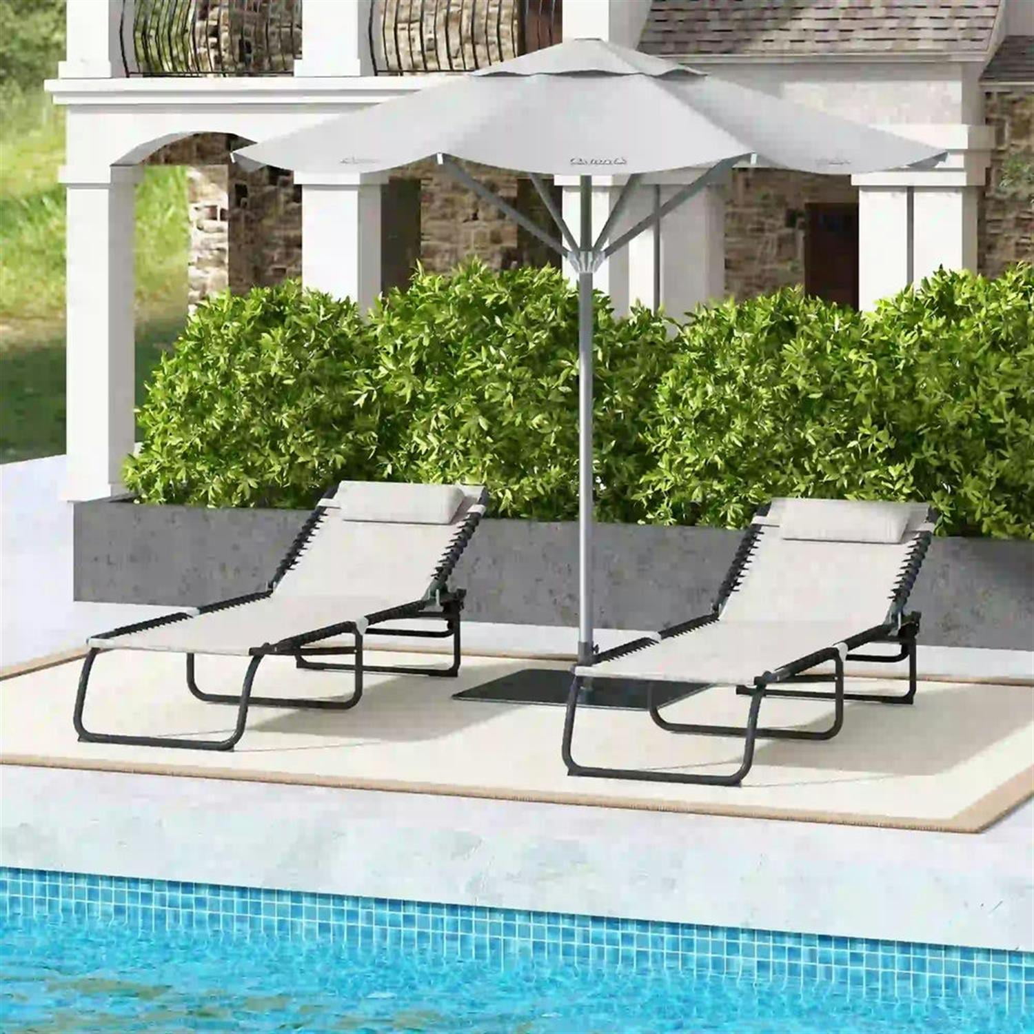 Demi Bonn Outdoor Folding Chaise Lounge Chairs Set of 2 with 4-Position Reclining Pillow-Back, Breathable Mesh Seat, Bungee for Pool, Beach, Patio, Beige