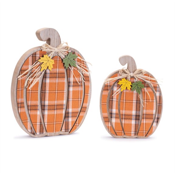 Melrose Harvest Plaid Pumpkin Decor Set of 2 Multicolor Wood Fall Decor Center