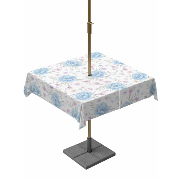 Outdoor Tablecloth with Umbrella Hole for Patio/Picnic/Party/Camping, Pink Blue Flower Waterproof Table Cloth Square Cover Washable, Spring Watercolor Floral Plant Textured (60"x 60")