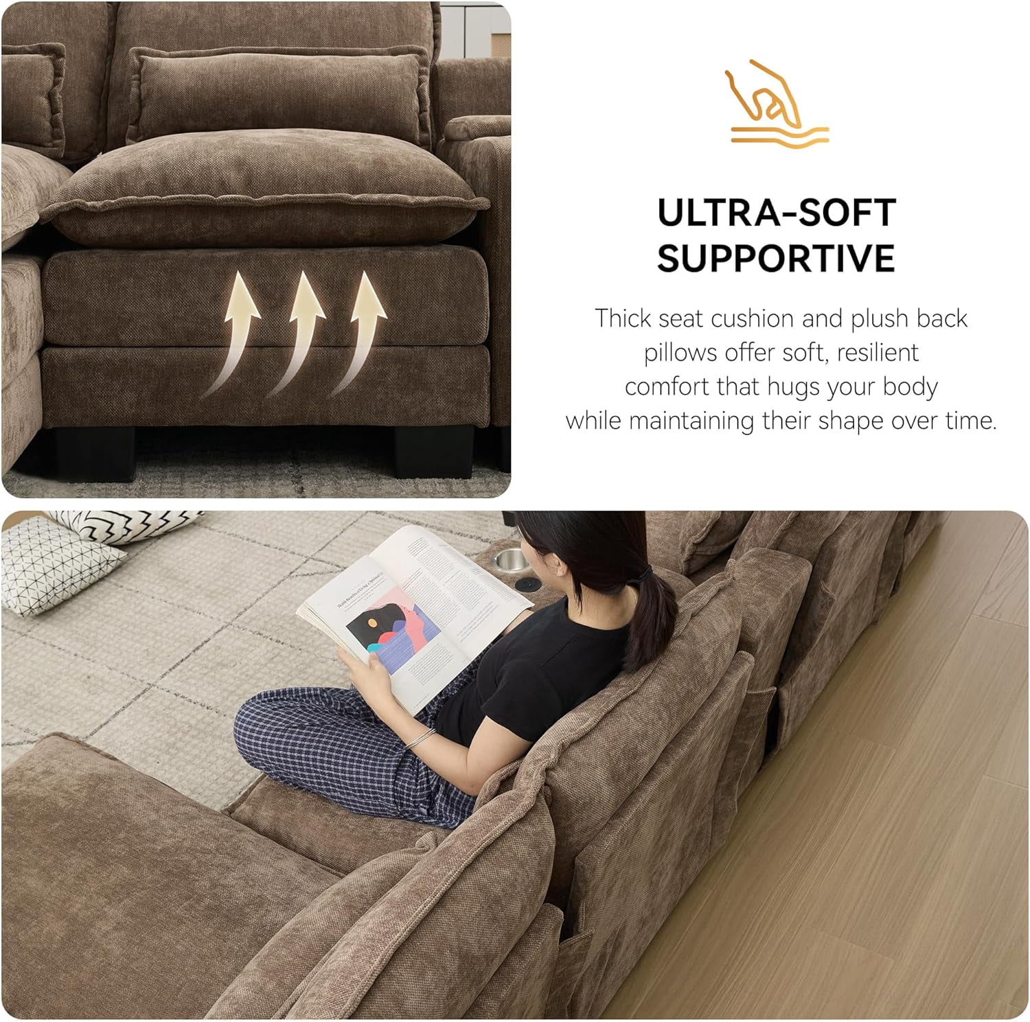 HASLE U Shaped Modular Sectional Sofa with Chaise Lounges, Chenille Upholstered Comfy Couch with Storage Console, USB Charging Ports & Cup Holders, Modern Deep Seat Sofa for Living Room, Brown