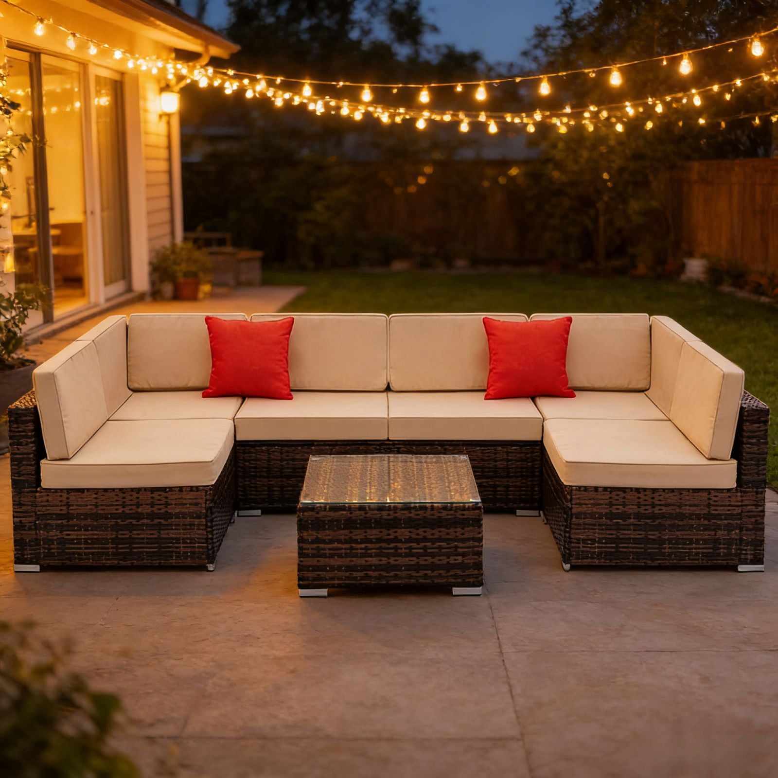 Ktaxon 7 PCS Patio Sectional Rattan Furniture Set PE Rattan Outdoor Wicker Furniture Couch Set  w/ Cushions for Deck Poolside