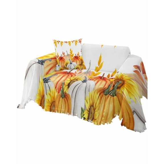Thanksgiving Pumpkin Sofa Couch Covers for Dog,Washable Sectional Couch Slipcovers for Loveseat with Tassels,Orange Fall Sunflower Autumn Maple Leaf Non Slip Sofa Throw Cover Blanket Large 71x102