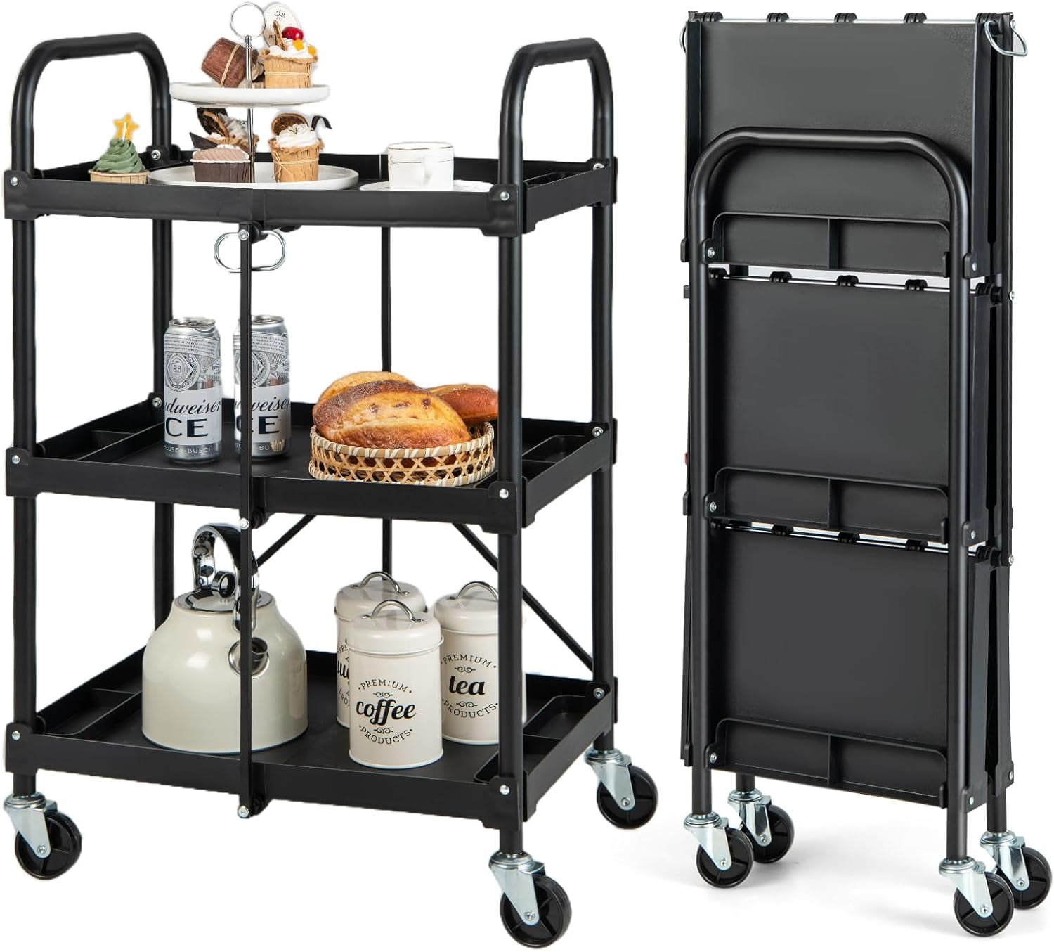 Foldable 3-Tier Utility Cart - 300LB Capacity Stainless Steel Rolling Cart For Garage, Kitchen, Workshop
