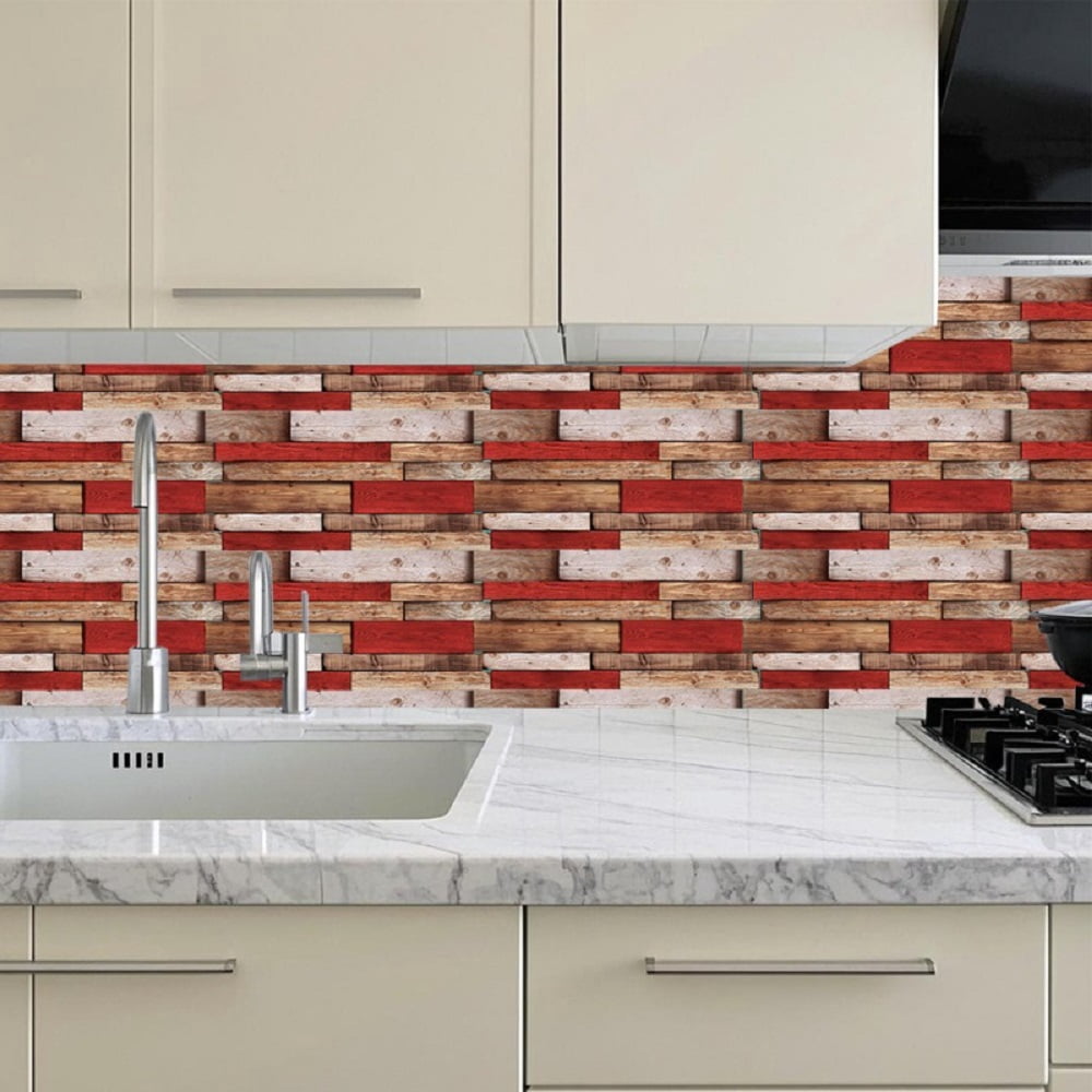 12Pcs Self-Adhesive Wallpaper Retro Red Shaped Wood-Grain