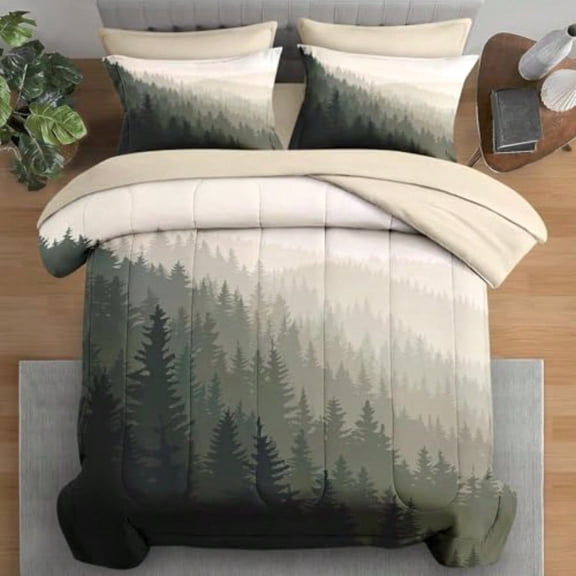 Comforter Set Queen Size Mountain Pine Tree 7 Pcs Bedding for and Adults Natural Forest Landscape Bed Sheet Sets with Fitted Sheet 2 Pillowcases 2 Shams