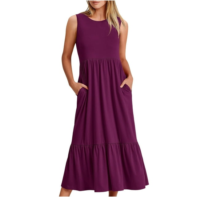 QIPOPIQ Robes Midi d'Été Décontractées Sans Manches à Col Rond et Taille Empire pour Femmes avec Poches
