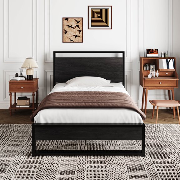 Amolife Twin Platform Bed Frame with Wooden Headboard and 13 Strong Steel Slats Support, Black Oak
