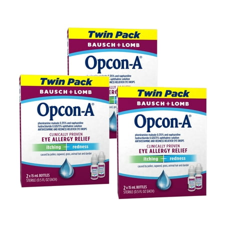 3 Pack - Opcon-A Eye Allergy Relief Drops–Antihistamine and Redness Reliever Eye Drops–from Bausch + Lomb – 0.5 FL OZ (15 mL) Twin Pack