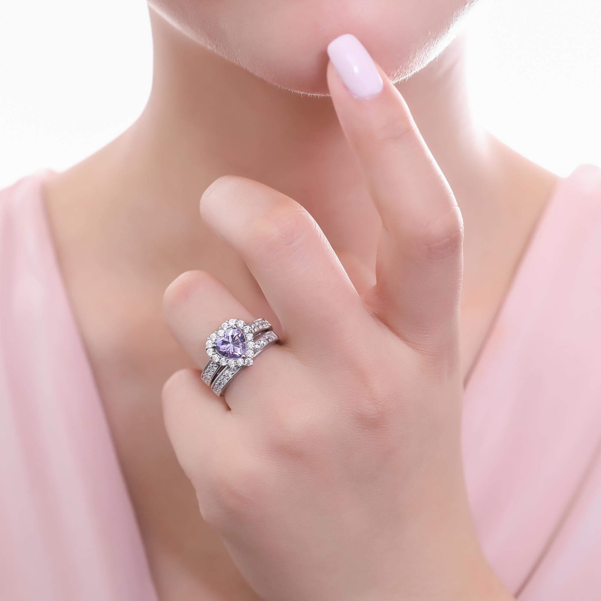 BERRICLE Sterling Silver Halo Wedding Engagement Rings Purple Heart Shaped Cubic Zirconia CZ Statement Heart Ring Set for Women, Rhodium Plated Size 7