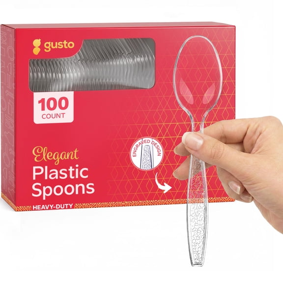 GUSTO Clear Tea Spoon Plastic Silverware Heavy Duty Disposable Cutlery, 100-Pack
