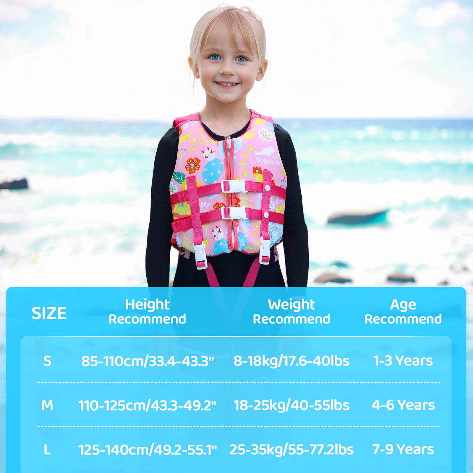 Gogokids Kids Swim Vest Life Jacket Flotation Swimming Aid with Adjustable Safety Strap,Flower Pink