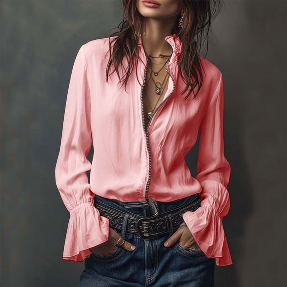 Babysbule Women's Satin Ruffle Collar Zip Front Blouse, Flounce Cuff Long Sleeve Casual Top for Office & Evening Wear