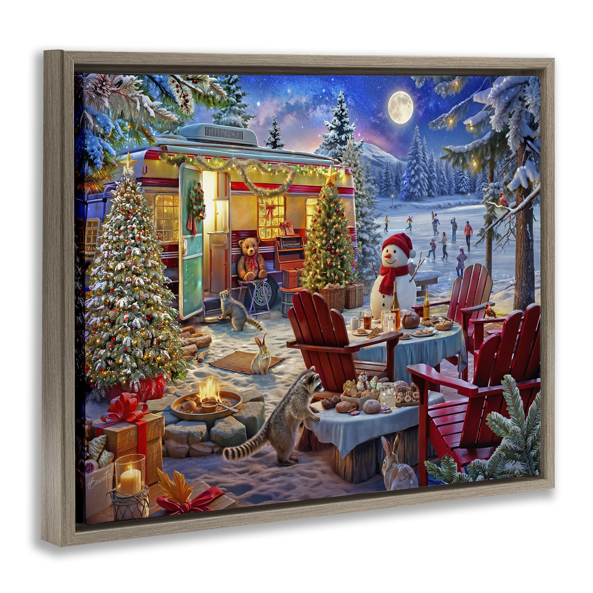 Winter Holiday Camper Party Brown Framed Floater Canvas Wall Art, design by Henriette Chinaglia