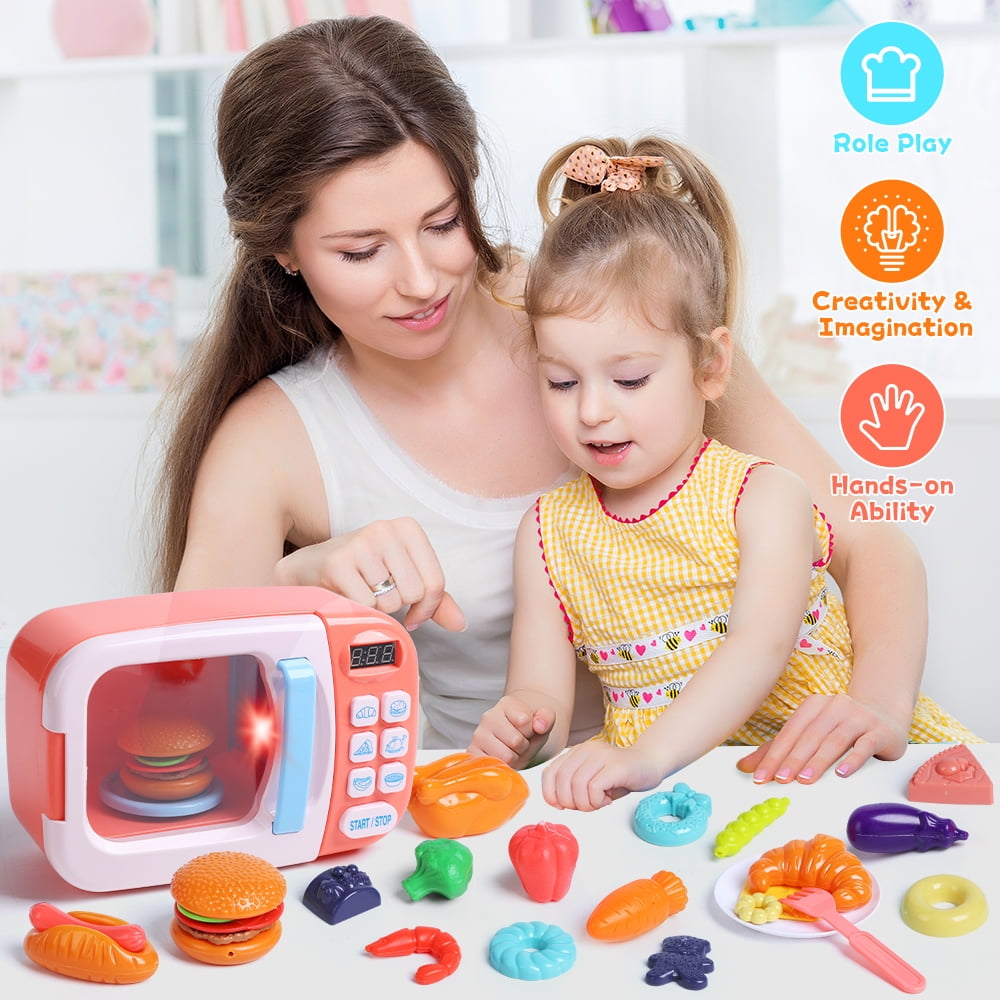 JoyStone Kids Microwave Toy Set with Real Accessories Light Sound Pretend Play Food Pink Age 3 Walmart