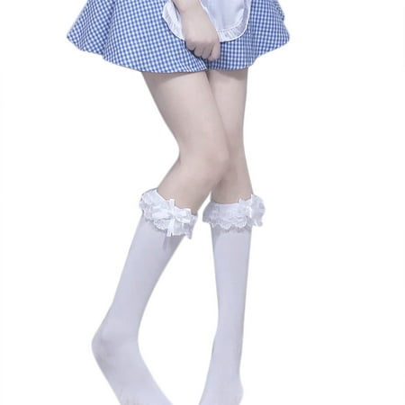 

Lolita Maid Cosplay Knee High Long Socks Layered Lace Bow Kawaii Tube Stockings