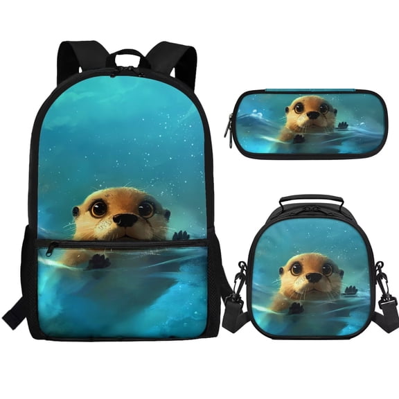 Jeiento Otter Backpack with Lunch Box Set for Girls Preschool School Bags Bookbag and Lunch Bag Pencil Case 3 In 1 Elementary Middle School Bag Packs Kids Boys Cute Schoolbags Blue