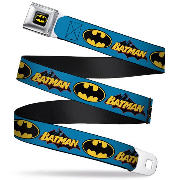 DC Comics Belt, Seatbelt Buckle Belt, Vintage Batman Logo Bat Signal Blue, 30 to 44 Inches