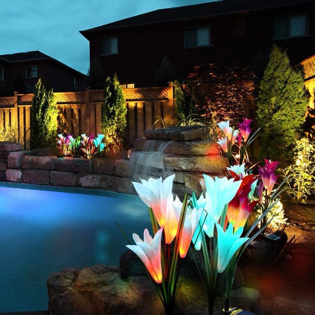 Luz solar para jardín al aire libre, paquete de 2 8 lirios con lámpara multicolor, luces decorativas para jardín, patio, camino (blanco y morado) ZefeiWu 9024735258070