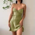 thumbnail image 4 of Women's V Neck Satin Dress Adjustable Spaghetti Strap Lacing Sling Dress Summer A Line Beach Party Mini Dress Ladies Clothes, 4 of 9