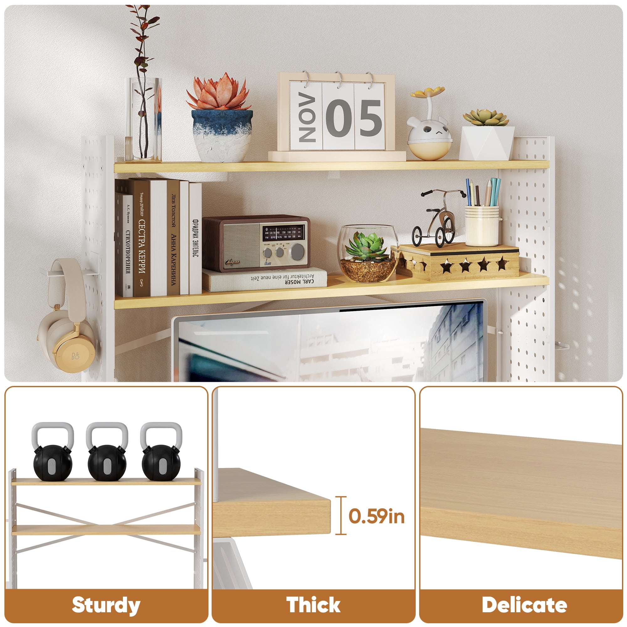 Gomok 2-in-1 Desktop Bookshelf, Adjustable 3-Tier Desk Shelf Bookcase Storage Rack with 3 Trays & 2 Grid Panels, White