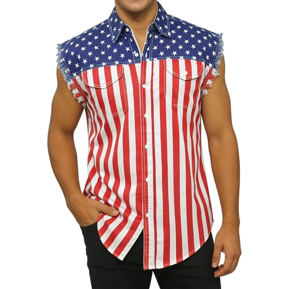 fnnxeal Mens Red Patriotic USA Flag Sleeveless Button Down Shirt Casual Western Frayed Top with Chest Pockets Relaxed Fit for Holiday Daily WearSize 2XL