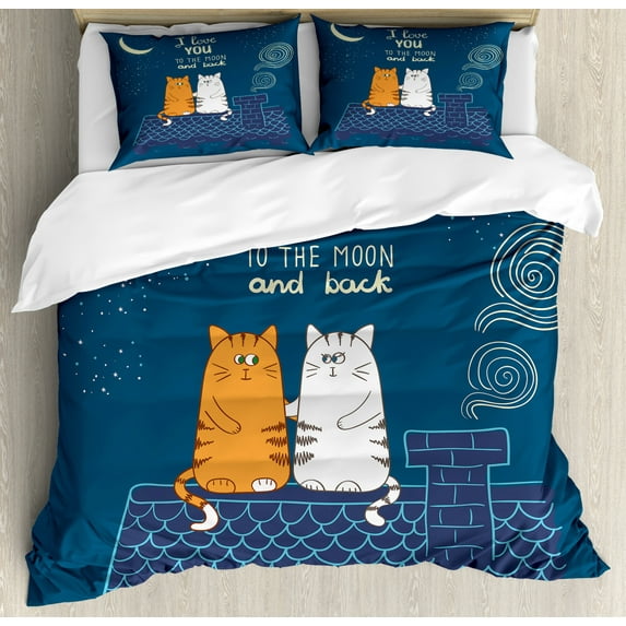 I Love You Duvet Cover Set Queen Size, Love Cats on the Roof under Night Sky Moon Stars Caricature Kitty Image, Decorative 3 Piece Bedding Set with 2 Pillow Shams, Petrol Blue Ivory, by Ambesonne