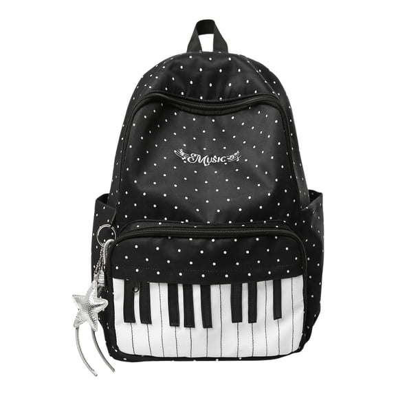 Yucurem Vintage Piano Keyboard Music Note Backpack for Women Men, Polka Dot Print Nylon School Bag for College Travel Daily Use (Black)