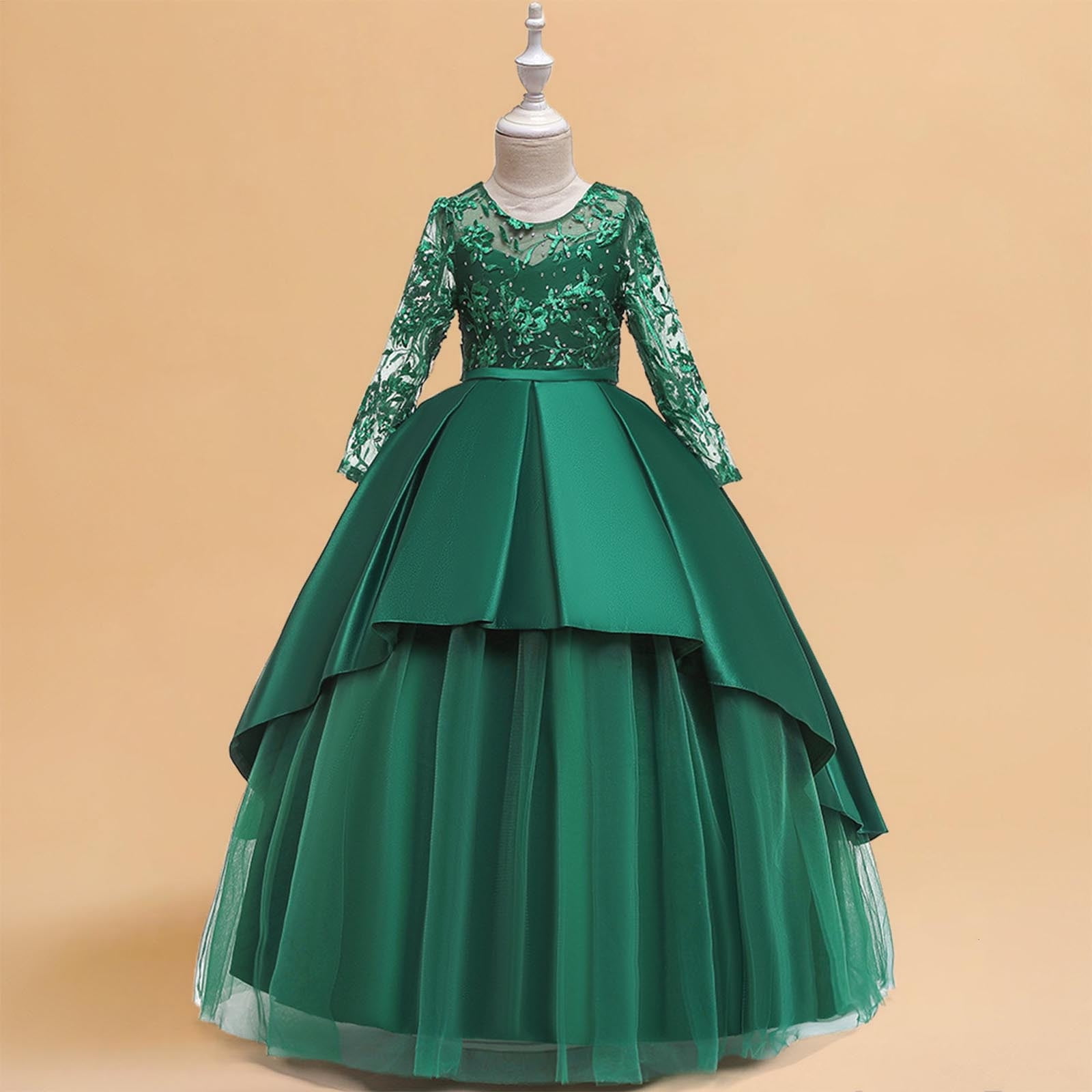 JSGEK Girls Applique Tulle Lace Long Sleeve Dress Princess Wedding Birthday Pageant Party Communion Prom Long Maxi Ball Gown Green 7 Years