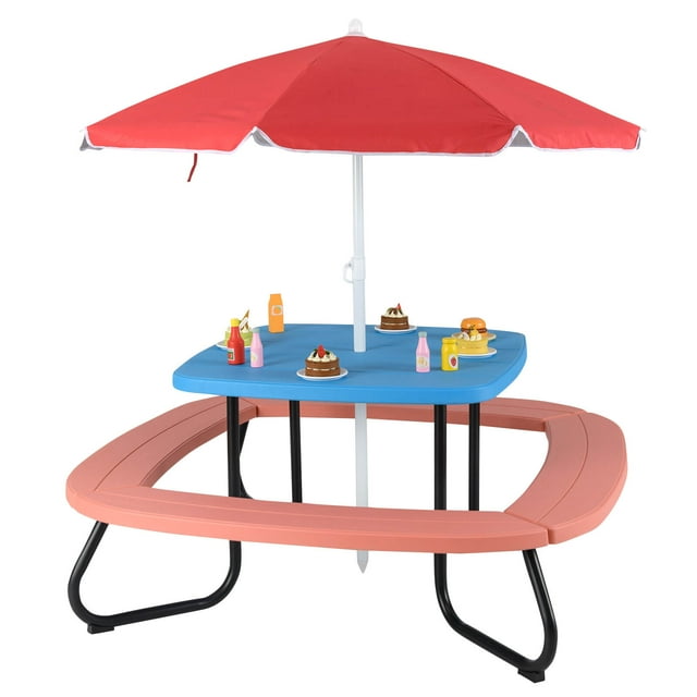 Costway Table de Pique-Nique pour Enfants Table d'Activités Extérieure avec Parasol Ajustable et Pliable Bleu