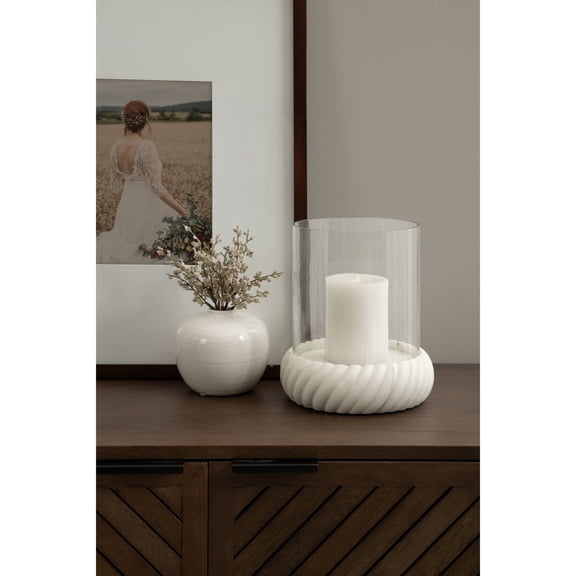 Kate and Laurel Trenza Modern Marble Candle Holder with Glass Cylinder, 8 x 8 x 9, White Marble, Transitional Twisted Base Pillar Candle Holder with Hurricane for Entryway or Living Room Decor