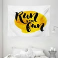 thumbnail image 1 of Inspirational Tapestry, Run For Fun Calligraphy Yellow Brushstrokes Backdrop Lifestyle Image, Wall Hanging for Bedroom Living Room Dorm Decor, 80W X 60L Inches, Black White Yellow, by Ambesonne, 1 of 2
